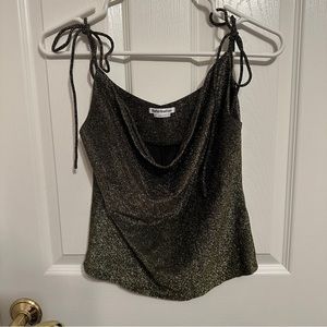 Reformation Gold Sparkly Cowl Neck Tie Top